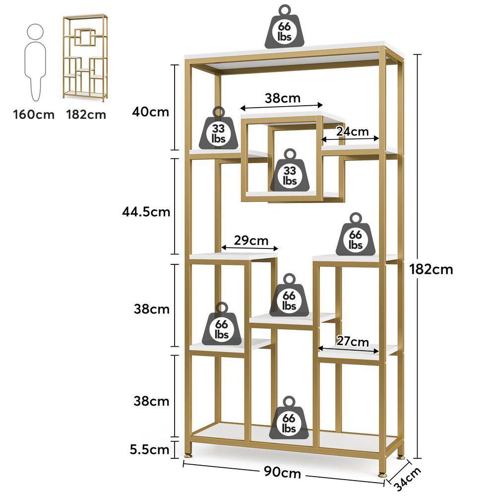 TRIBESIGNS WAY TO ORIGIN Frailey 71 in. Gold White Tall 11-Tier Large Open Display Bookshelf Geometric Cubed Bookcase Modern Storage Home Office HD-XK00191-WZZ