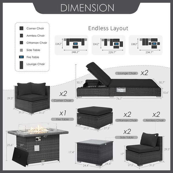 Nicesoul 11 Pieces Patio Furniture Set Outdoor Sectional Sofa with Firepit Table