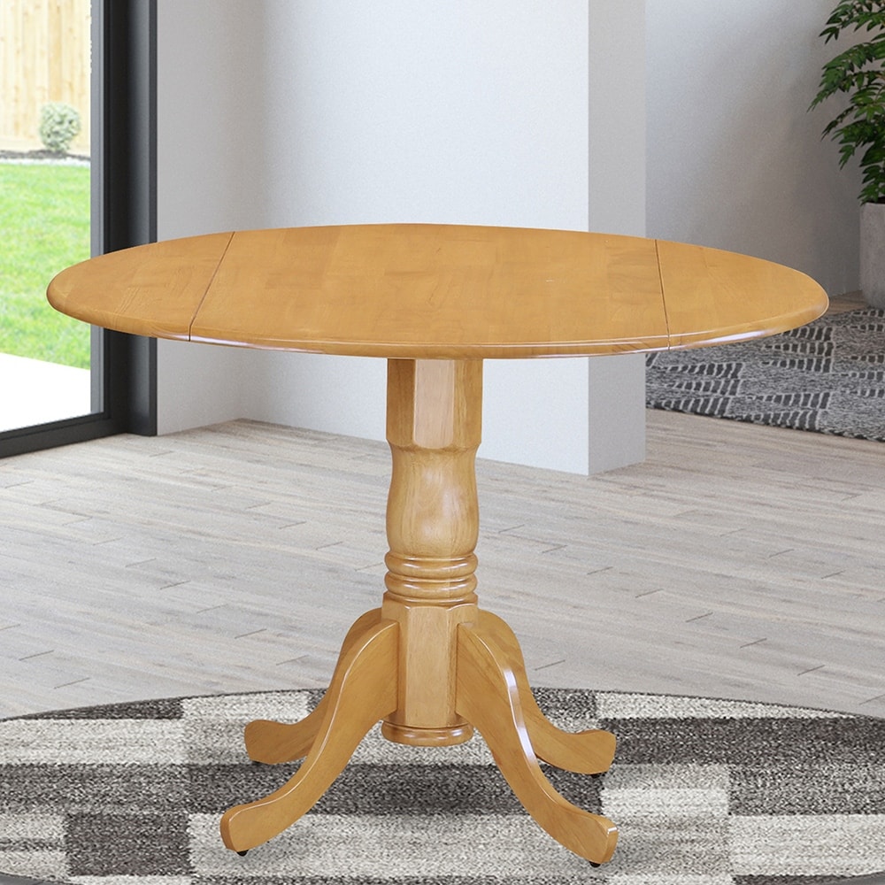 East West Furniture Dublin Kitchen Dining Table   a Round Wooden Table Top with Dropleaf   Pedestal Base  (Finish Options)