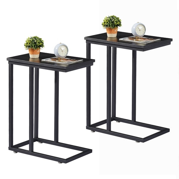 Modern Snack Table C-shaped Side End Table Set of 2，Brown/Black/Grey Sofa Table