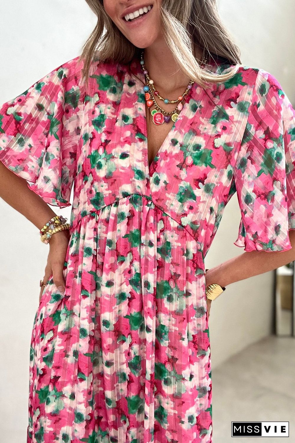 Pink Wide Sleeves Floral Print Maxi Dress