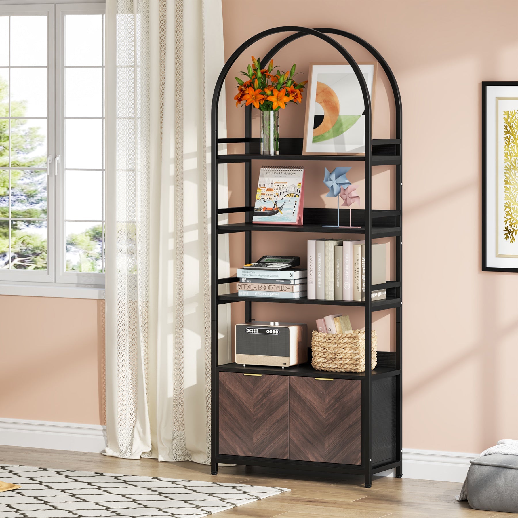 4-Tier Bookshelf with Cabinet, 75.9 Tall Etagere Bookcase with Door