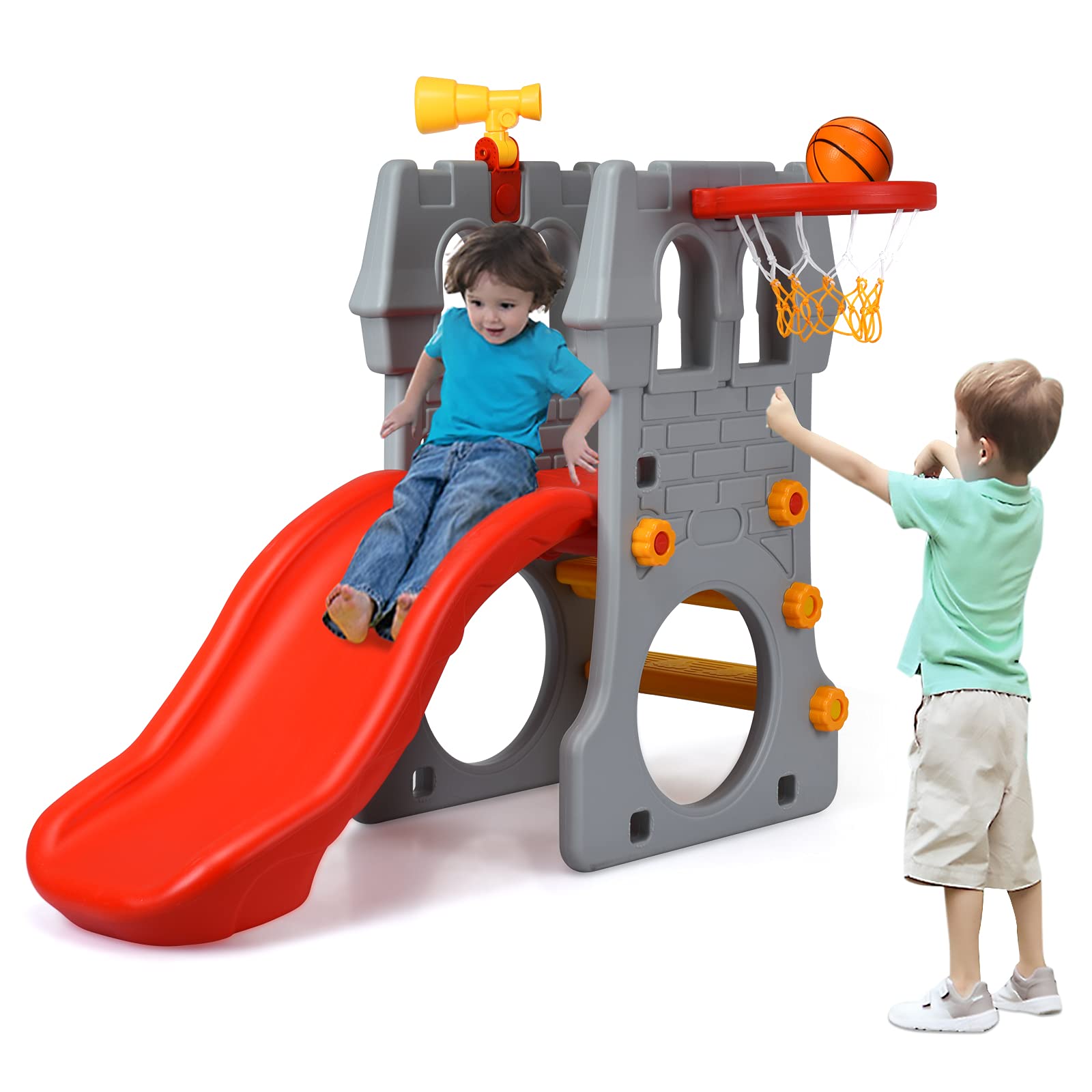 Costzon 4 in 1 Slide for Kids, Toddler Climber Slide Set with Basketball Hoop