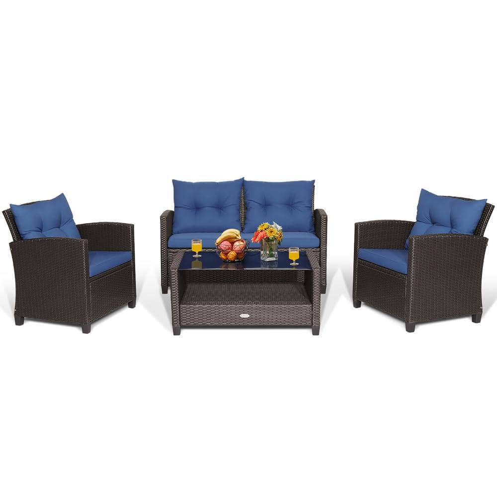 Costway 4 -Piece Patio Rattan Furniture Set Glass Table Shelf Sofa Cushion Navy HW66742NY+