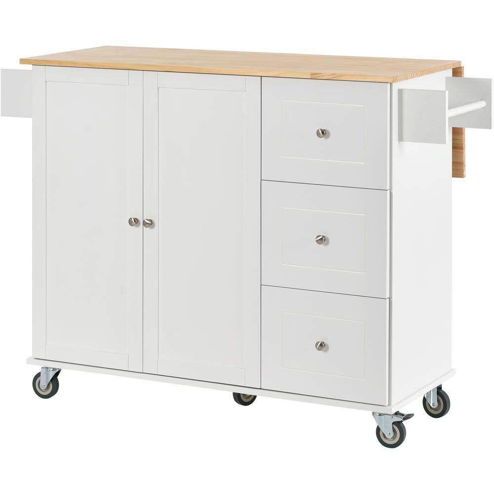 ARTCHIRLY Brown Solid Wood Top 52.7 in. White Kitchen Island with Drop Leaf Breakfast Bar and Drawer KISWF287035AAW