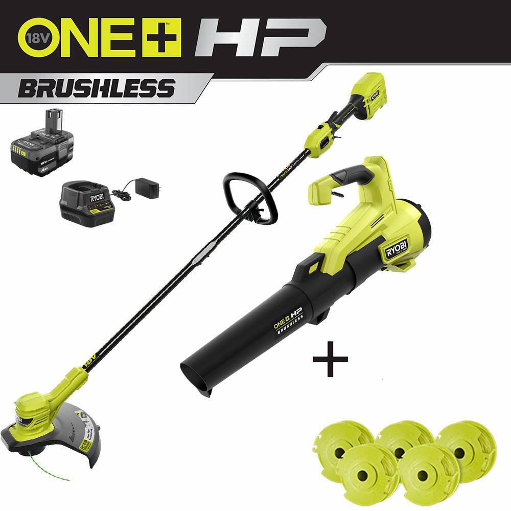 RYOBI ONE+ HP 18V Brushless Cordless String Trimmer and Leaf Blower with Extra 5-Pack of Spools 4.0 Ah Battery and Charger P20121-AC5