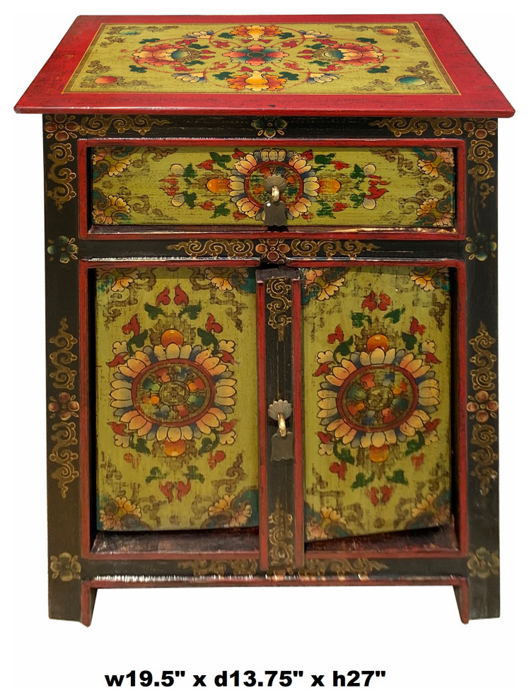 Lime Green Orange Black Tibetan Style Floral End Table Nightstand Hcs6935   Asian   Side Tables And End Tables   by Golden Lotus Antiques  Houzz