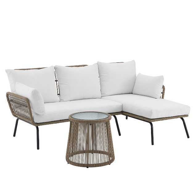 Barton 3 pieces Outdoor Patio Sectional Set Wicker Sectional Sofa Conversation Set Cream beige