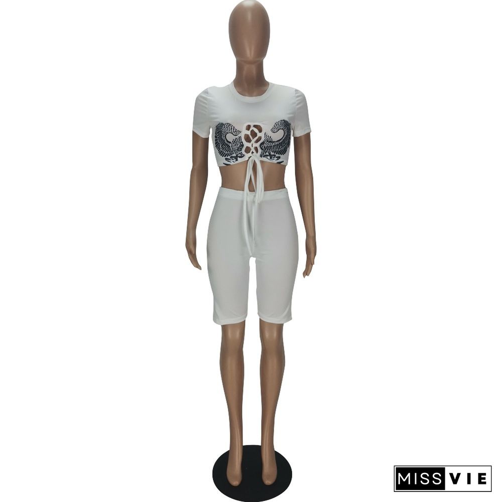 Summer Short Sleeve Bandage Crop Top Shorts Two Piece Set