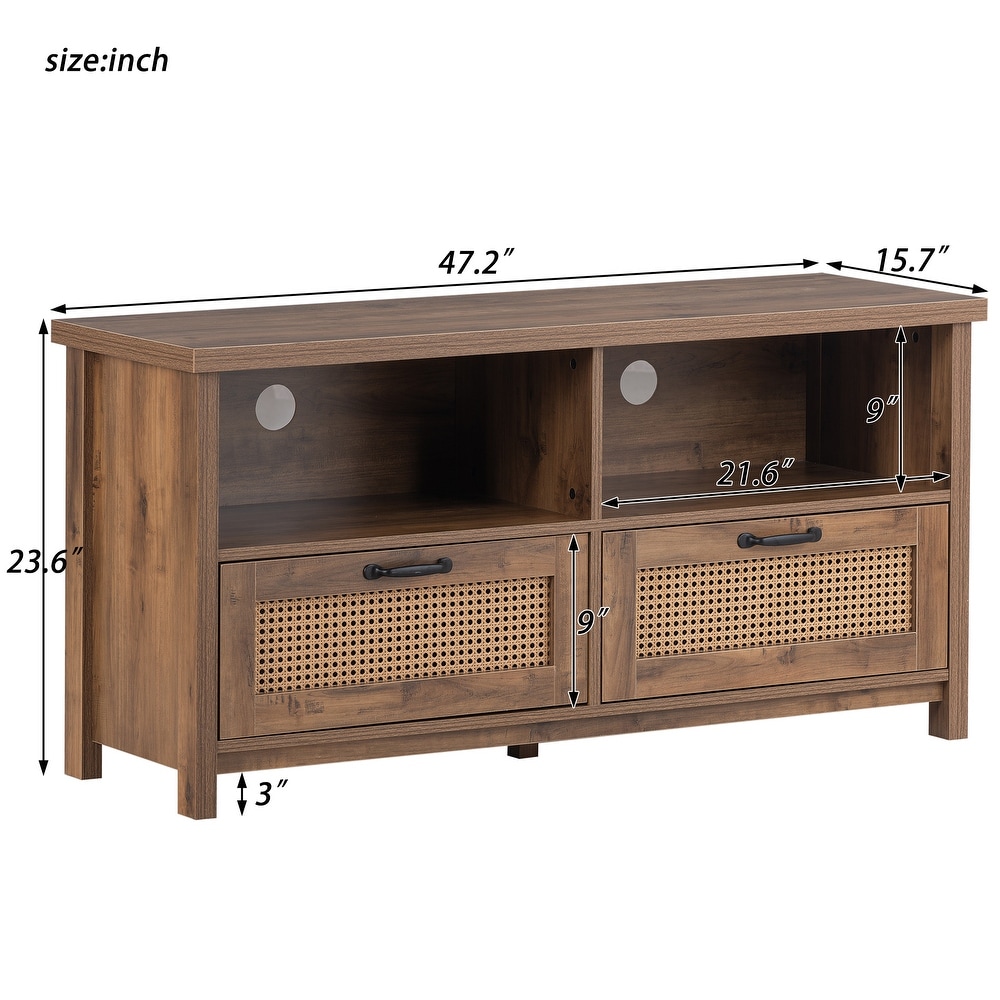 47''W Craftsmanship Rattan Wood TV Stand Storage Cabinet Living Room TV Console with 2 Drawer and 2 Shelf up to 55 inch TVs