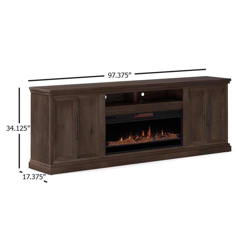 Bridgevine Home 97 in. Fully Assembled Brown TV Stand with Electric Fireplace Fits TV's up to 85 in. MY5410.JVA