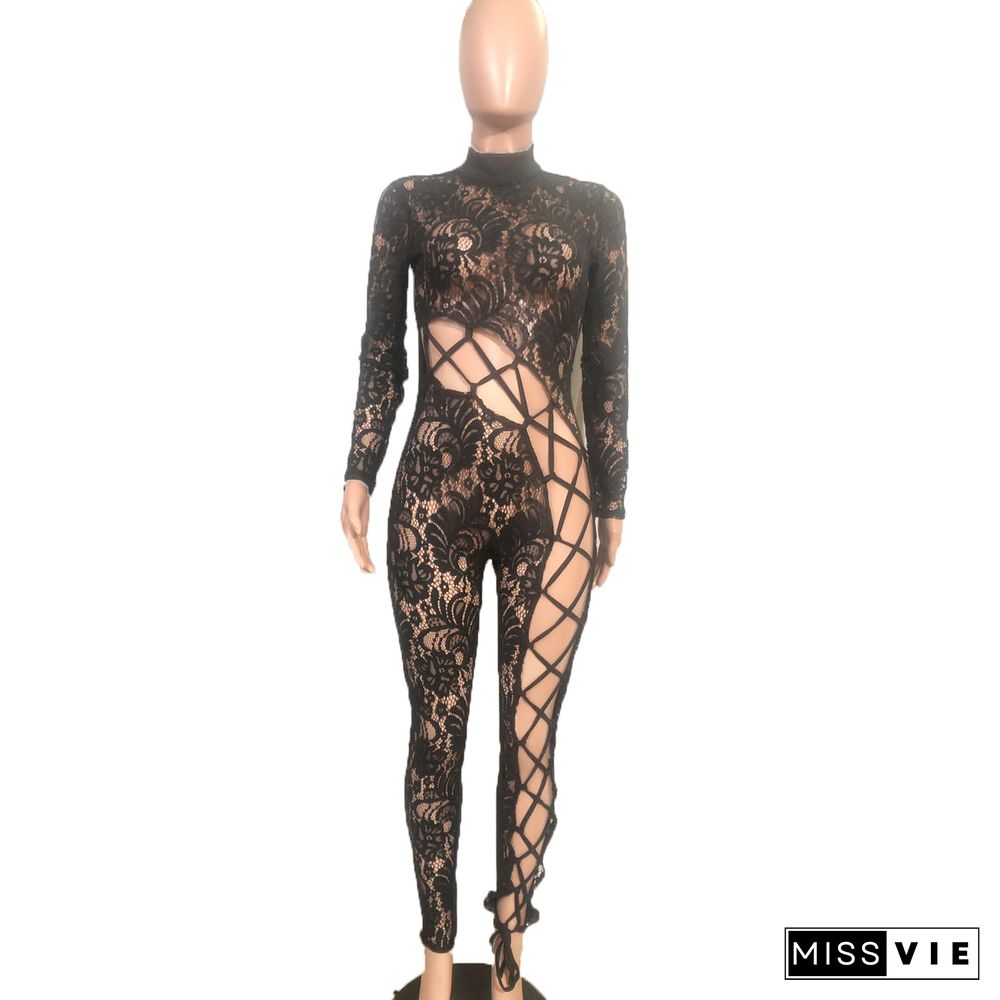 Solid Color Tight Lace Panel Sexy Jumpsuit