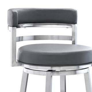 Armen Living Madrid Contemporary 26 in. Counter Height Bar Stool in Brushed Stainless Steel and Grey Faux Leather LCMABABSGR26