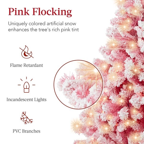 Prelit Pink Christmas Tree，Snow Flocked Holiday Decor w/ Metal Base