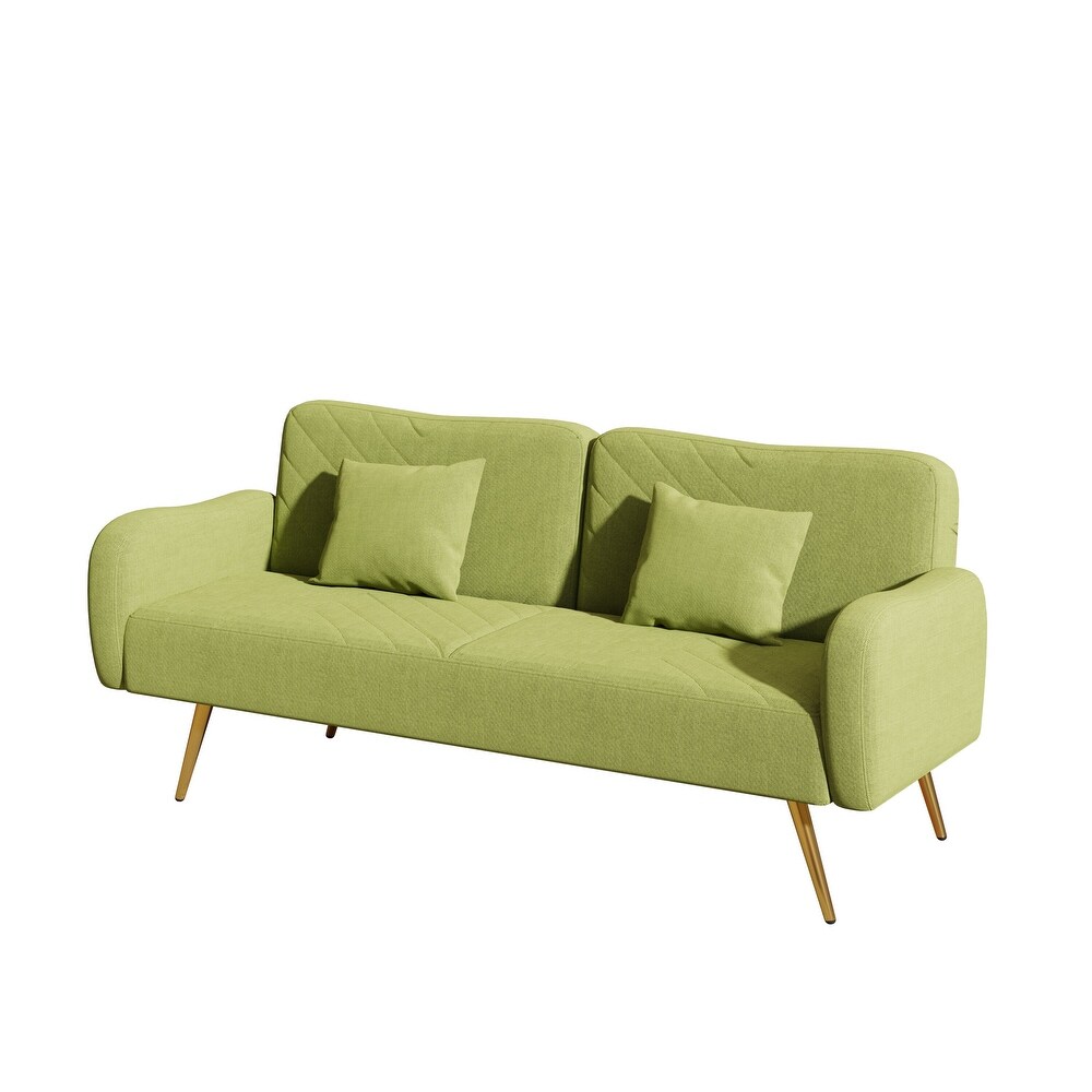 Linen Fabric Recliner Loveseat Sleeper Sofa with Split Back and 2 Throw Pillows for Living Room  Convertible Sofa Bed  Green