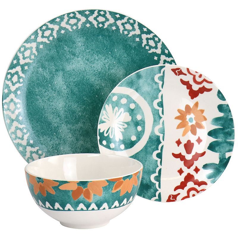 Spice by Tia Mowry Savory Saffron 18 Piece Fine Ceramic Dinnerware Set in Decorated Teal