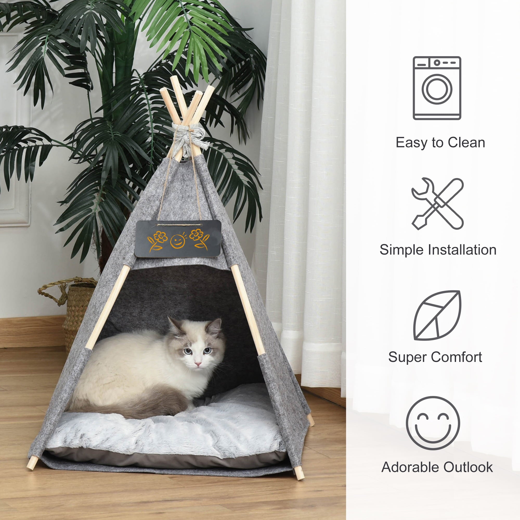 PawHut Pet Teepee Tent Cat Bed Dog House w/ Cushion Chalkboard for Kitten Puppy