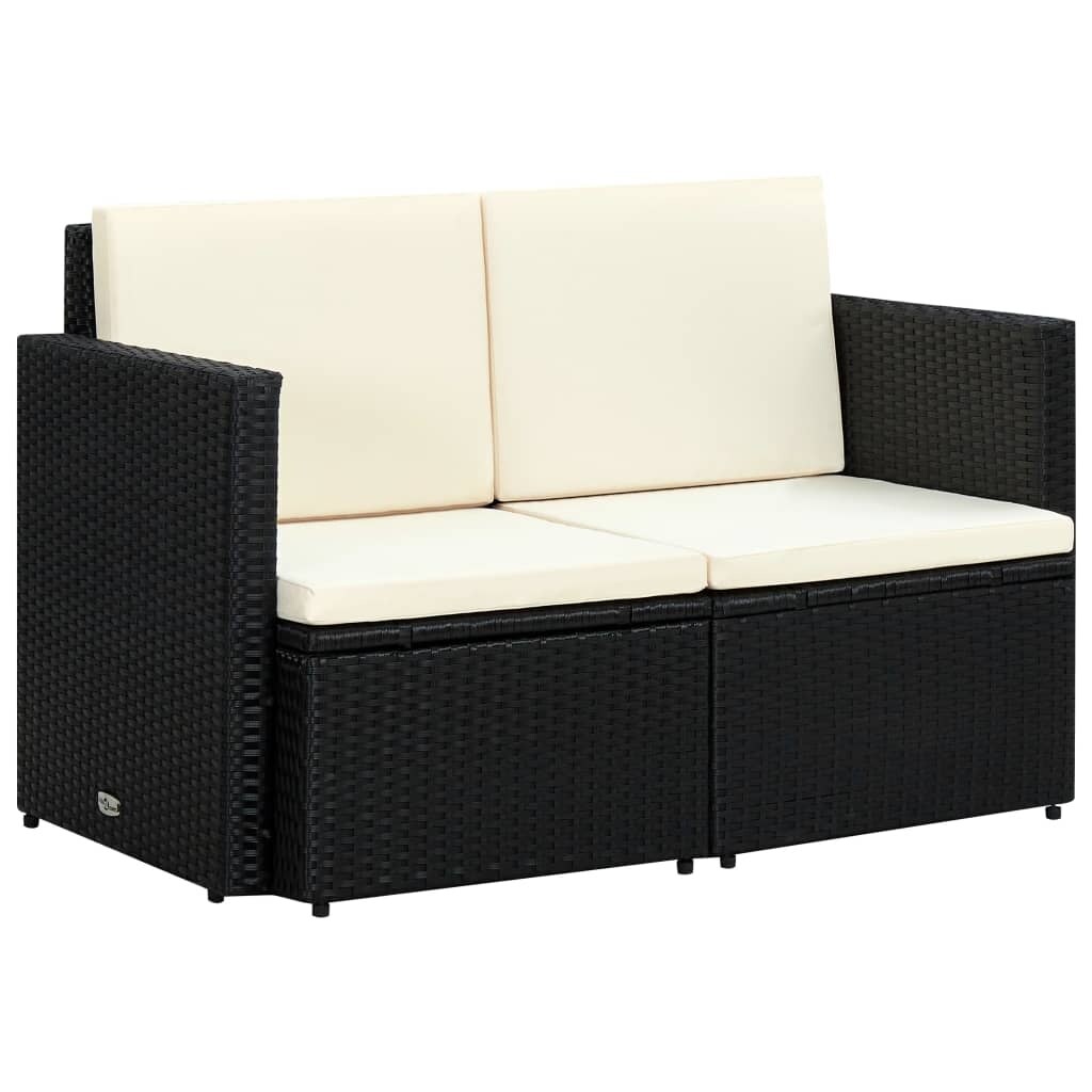 2 Seater Patio Sofa with Cushions Black Poly Rattan - Overstock - 36232058