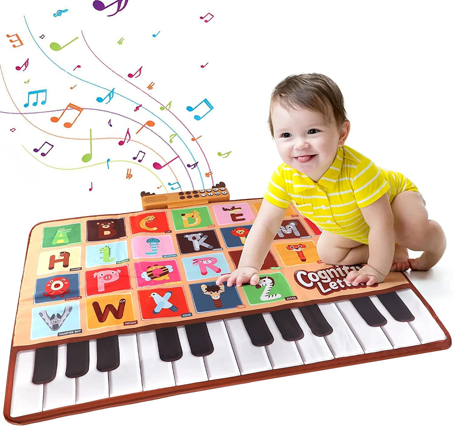 Allaugh Baby Piano Mat with 26 Letters，6 Instruments Sounds Animal Touch Keyboard Dance Mat， Floor Piano Mat Learning Toys for Boy Toddler -1pc