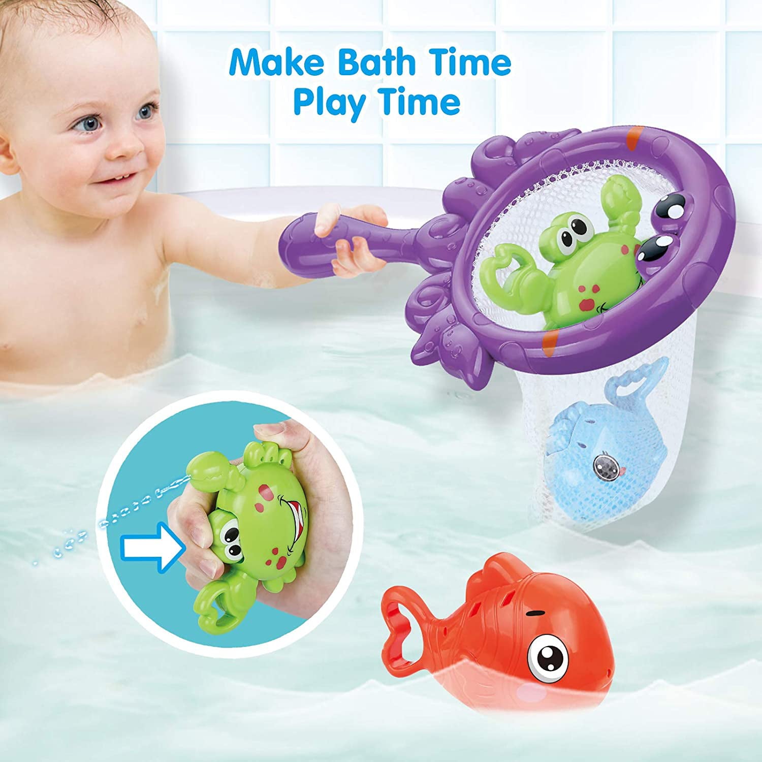 Baby Bath Fishing Toys， Bathtub Pool Toys Set with Fishing Pole and Net， Bath Toys for 1 Year Old Toddler Boys Girls