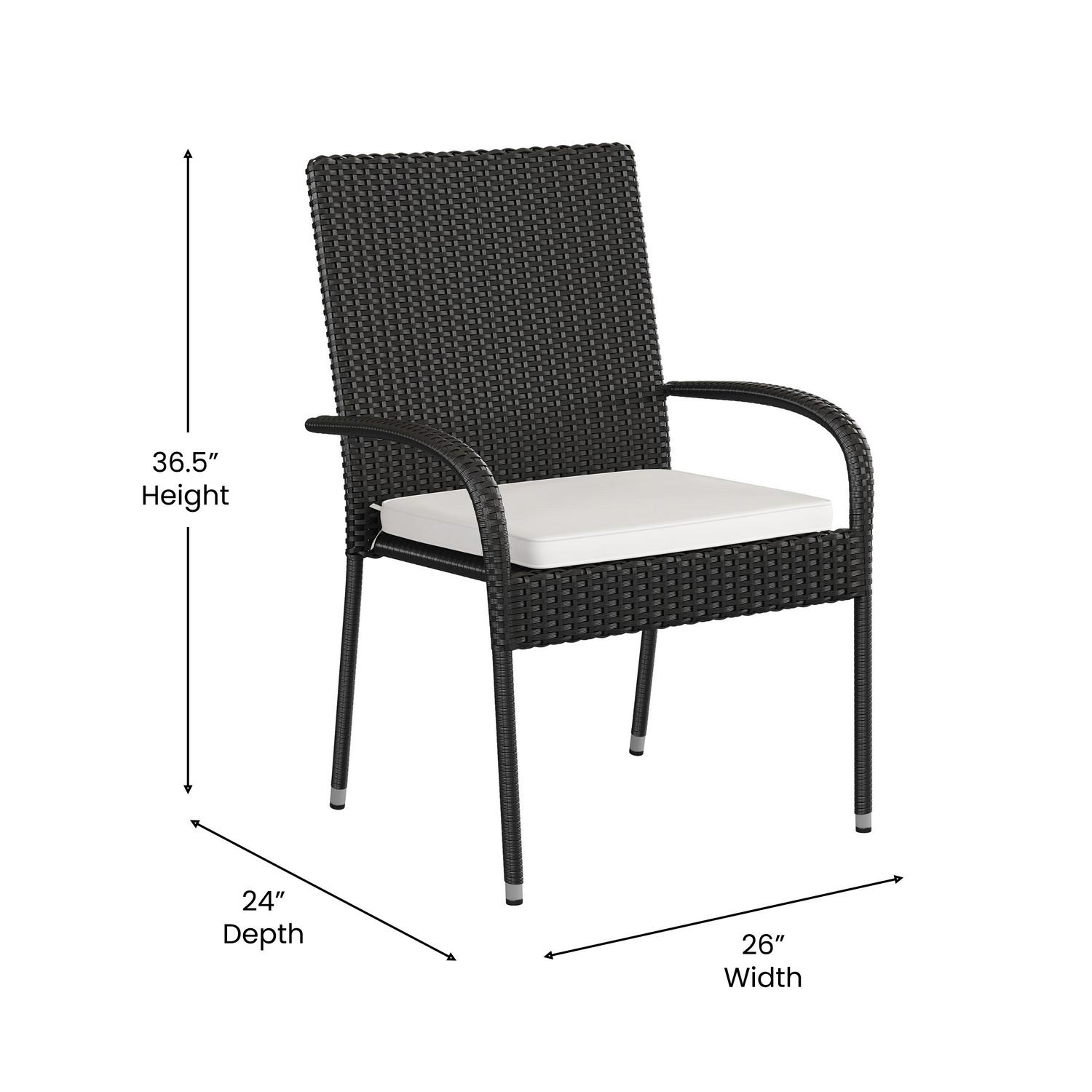 Flash Furniture Maxim Set of 2 Stackable Indoor/Outdoor Black Wicker Dining Chairs with Cream Seat Cushions  Fade and Weather-Resistant Materials