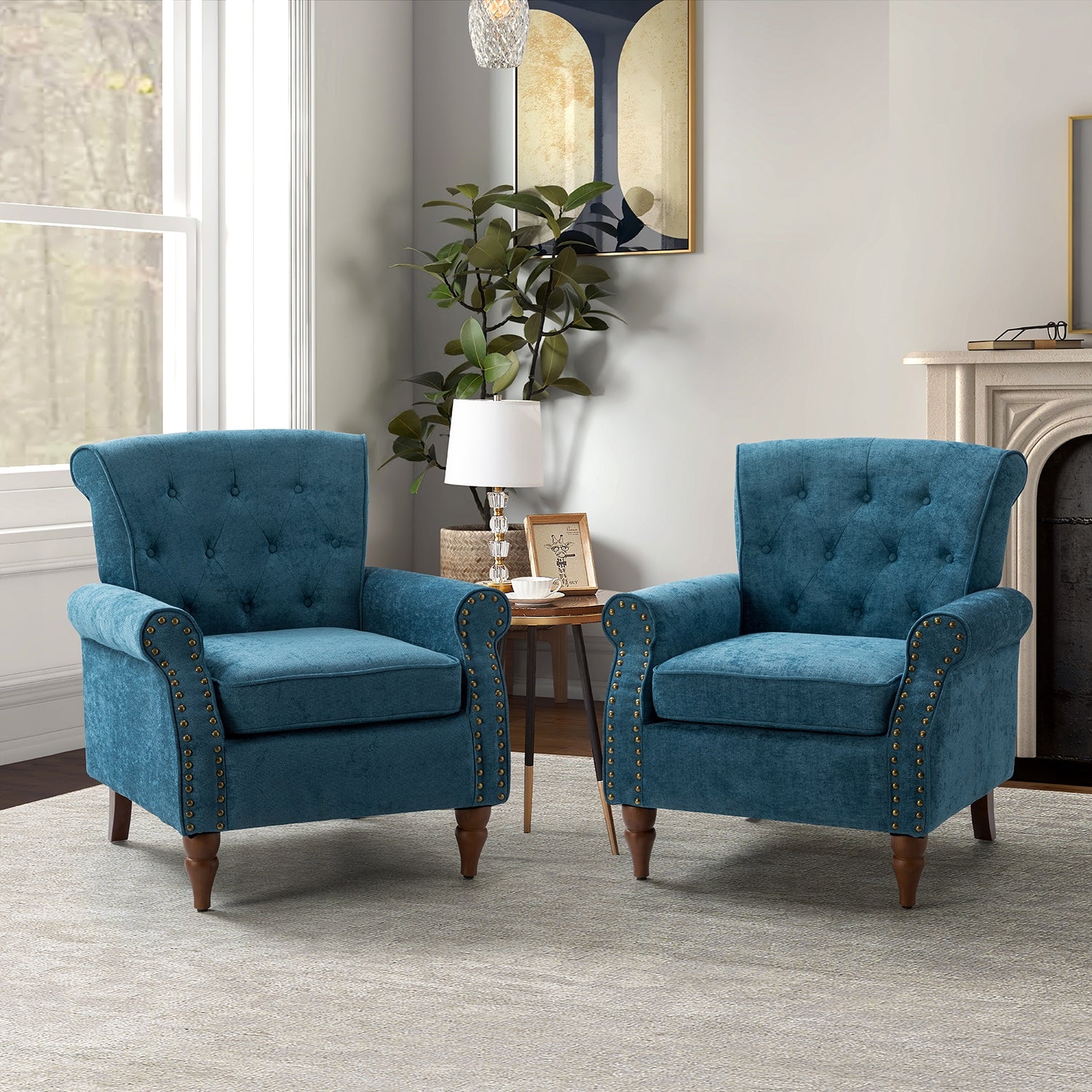 Indiges Upholstered Modern Tufted Accent Arm Chair with Nailhead Trim Set of 2 by HULALA HOME