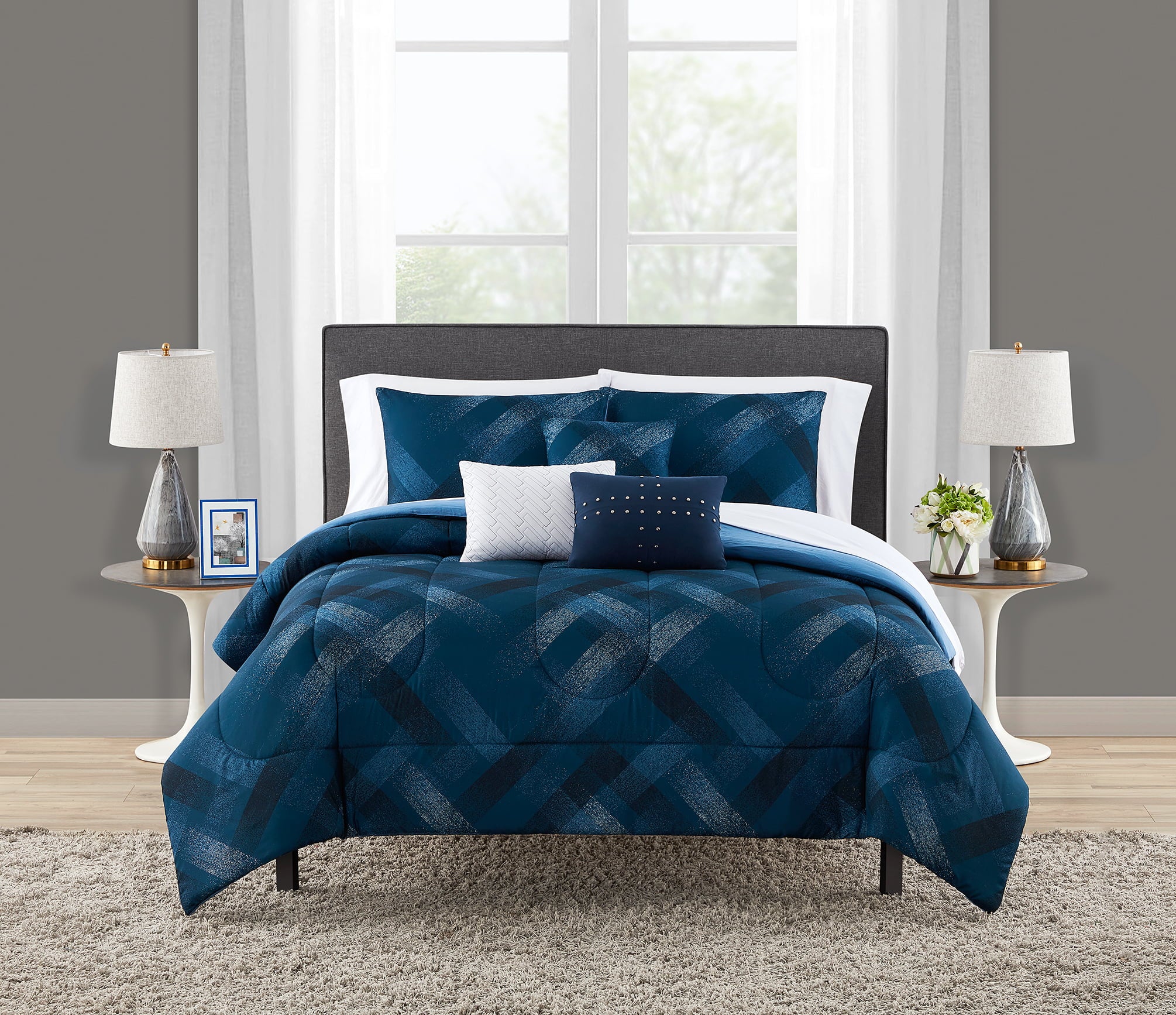 Mainstays Navy Plaid 10 Piece Bed in a Bag Comforter Set With Sheets， Queen