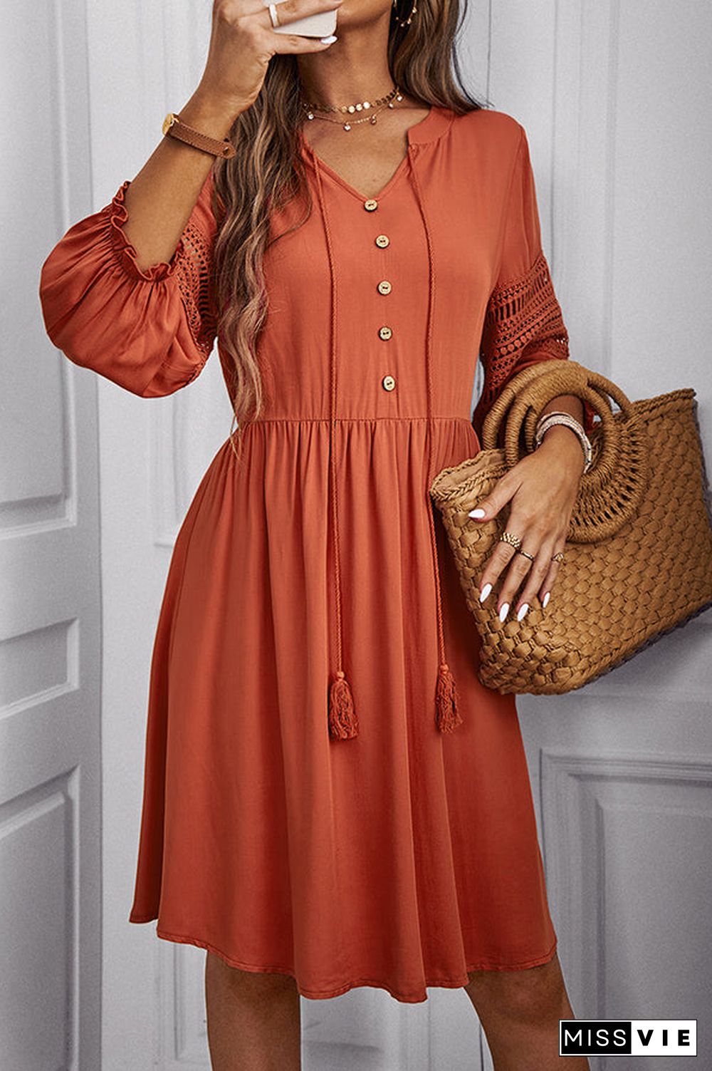 Solid Color V Neck Long Sleeve Casual Dress