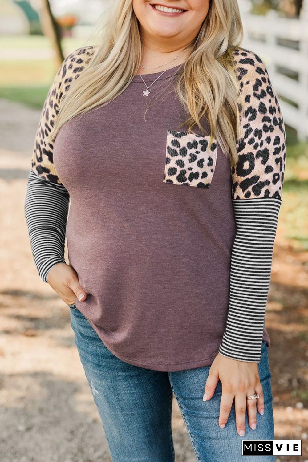 Brown Plus Size Leopard Pocket Top