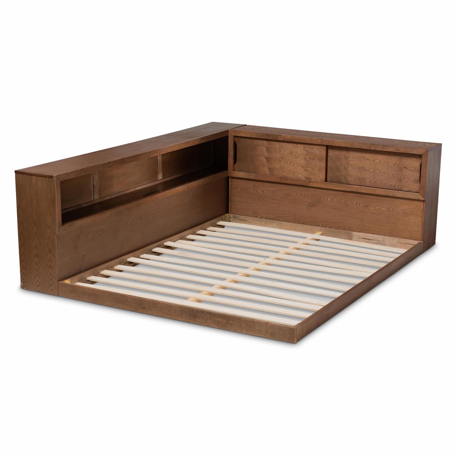 Baxton Studio Erie Modern Rustic and Transitional Walnut Brown Finished Wood Queen Size Platform Storage Bed with Built-In Outlet