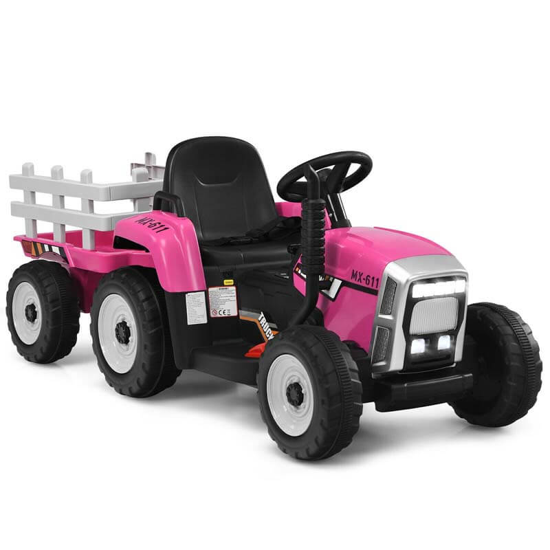 Kids Ride on Tractor w/Trailer 12V Battery Powered Electric Riding Toy Car Vehicle with 3-Gear-Shift Ground Loader