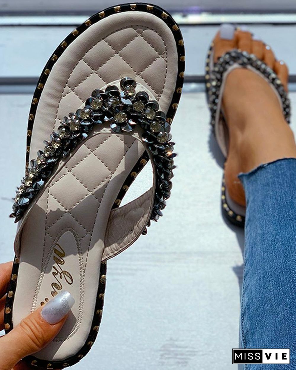 Studded Toe Post Flat Sandals