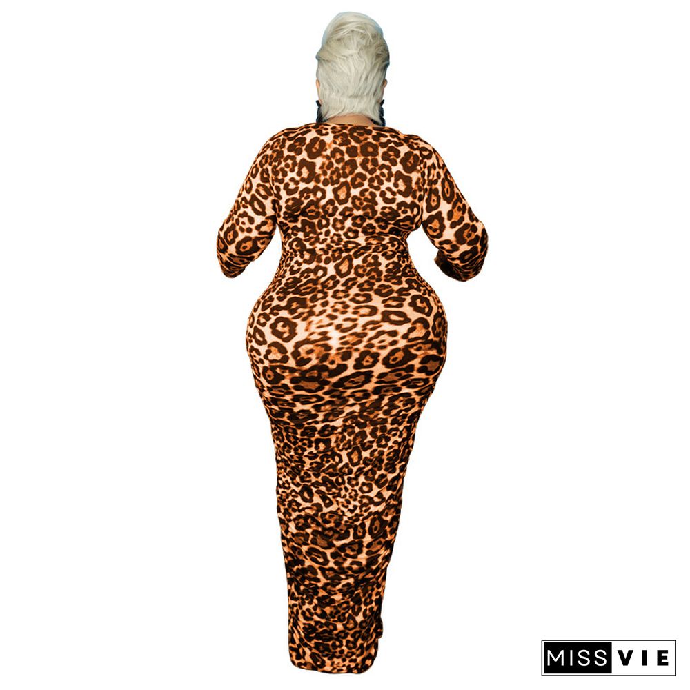 Leopard Print Long Sleeve Party Plus Size Dresses