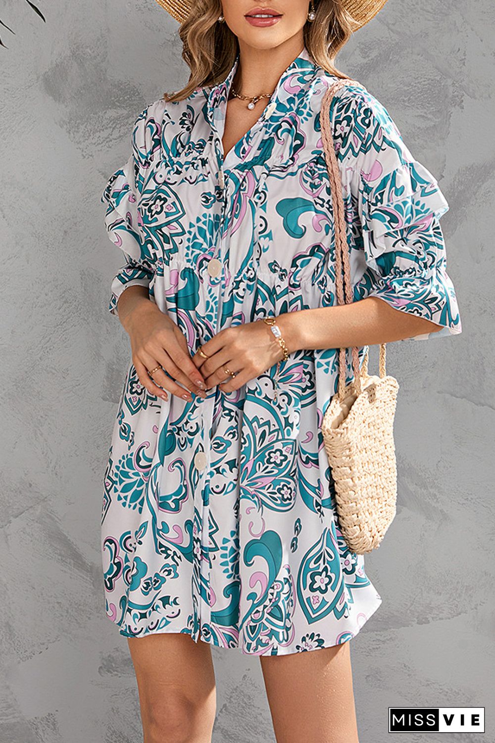 Half Sleeves Floral Button Up SHirt Dress