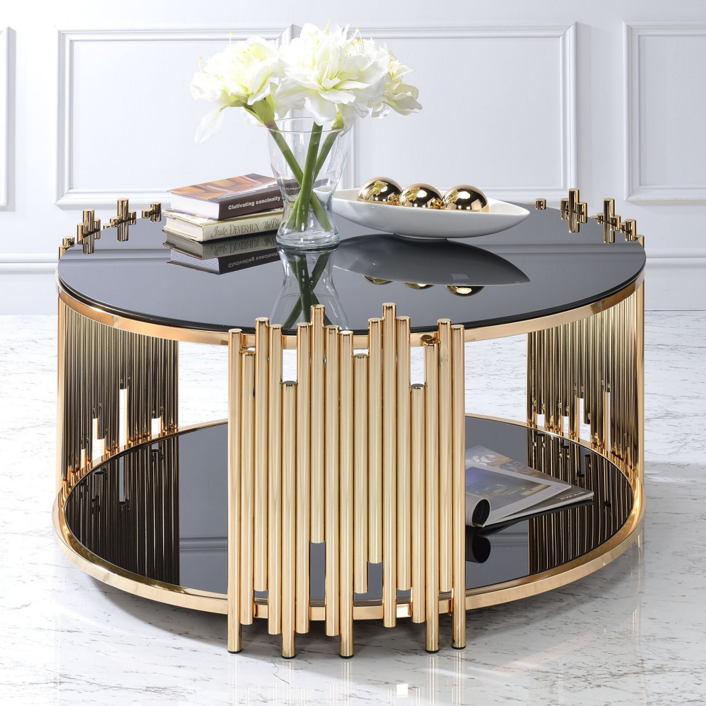 Modern Glam Coffee Table  Unique Golden Frame With Black Glass Top  Open Shelf   Contemporary   Coffee Tables   by Declusia  Houzz