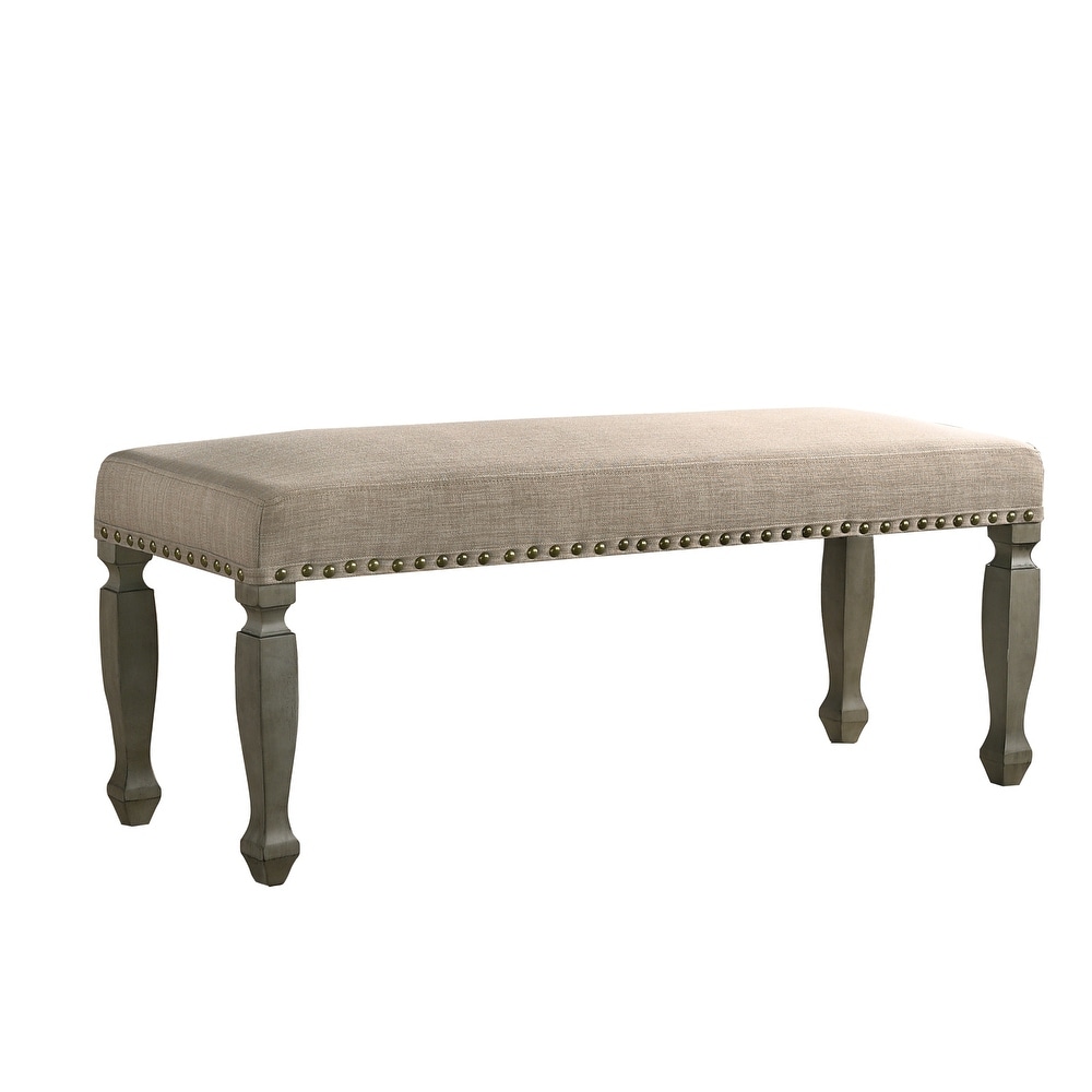 Roundhill Furniture Breda Antique Gray Finish Upholstered Nailhead Bench   N/A