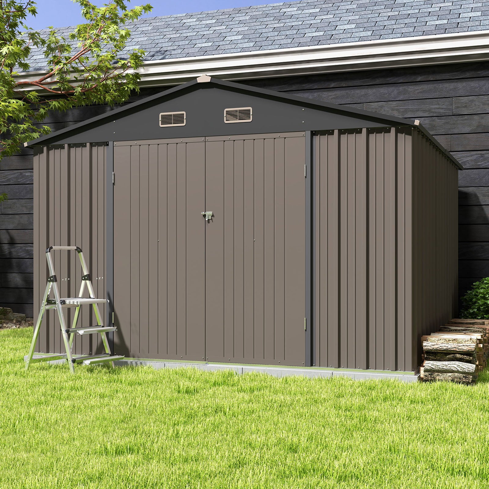 Patiowell Size Upgrade 10 x 10 ft Outdoor Storage Metal Shed with Sloping Roof and Double Lockable Door, Brown