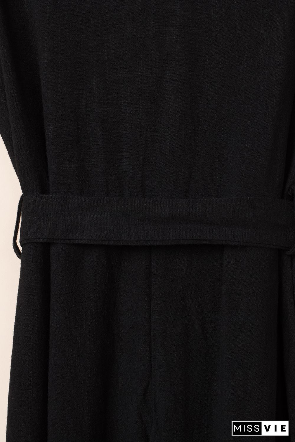 Black V Neck Button Belted Jumpsuit with Pockets