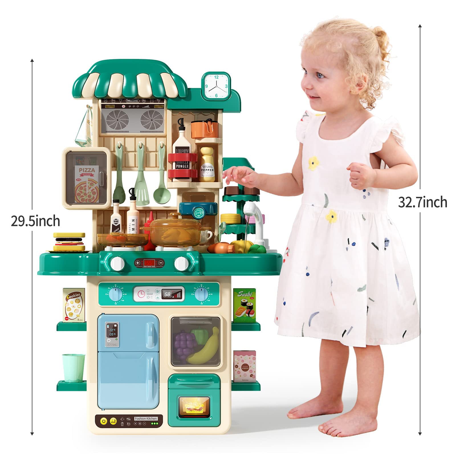 Aiqi Play Kitchen Toys Kids Kitchen Playset with Simulated Steam and Sink,48-Piece Play Accessories