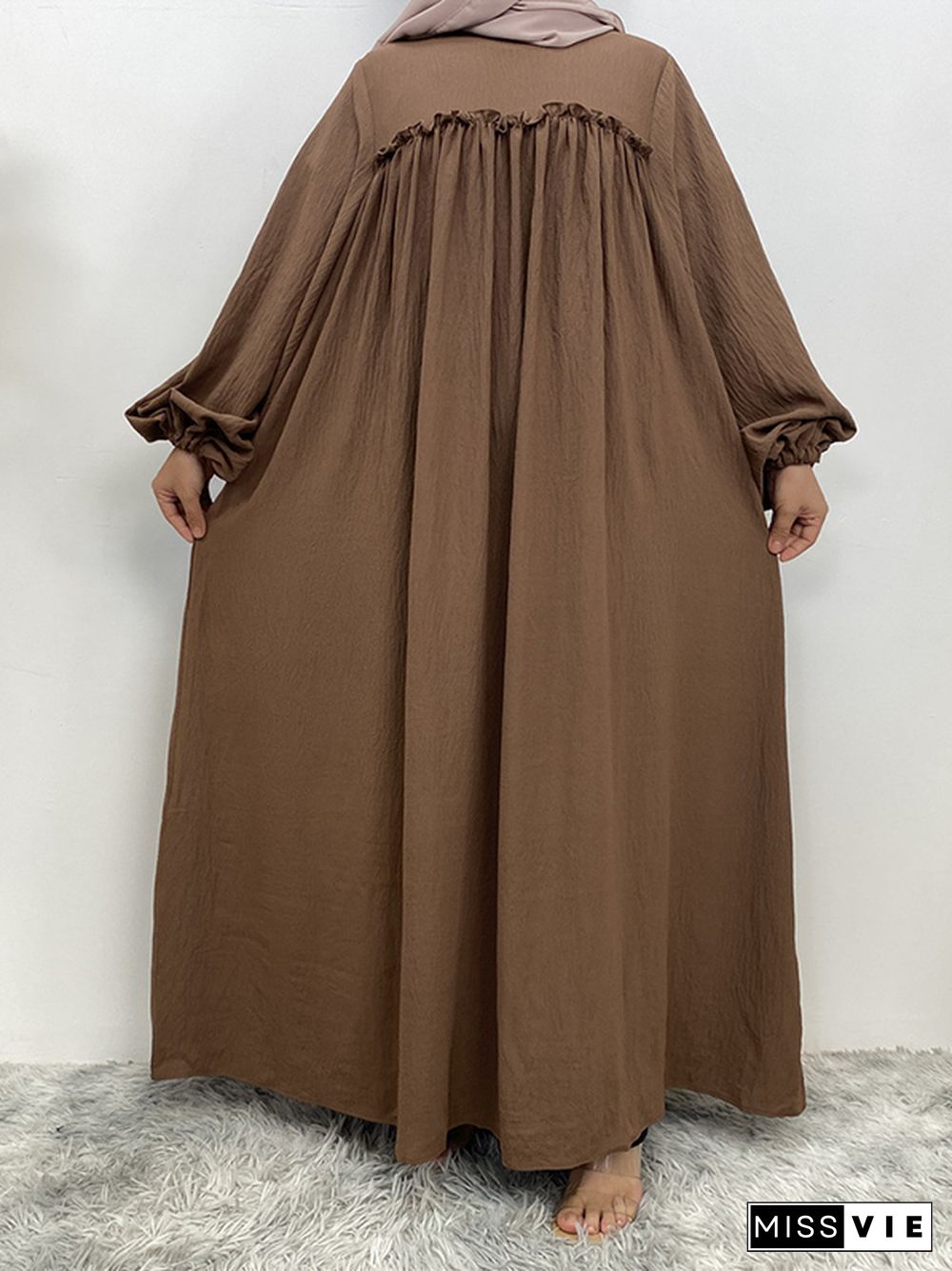 Bishop Sleeve Long Sleeves Elasticity Muslim Pleated Solid Color Split-Joint Tied Waist Round-Neck Maxi Dresses