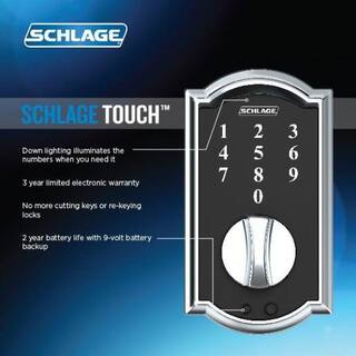 Schlage Camelot Satin Nickel Touch Electronic Keypad Door Lock Deadbolt and Georgian Knob BE375 CAM F10 GEO 619