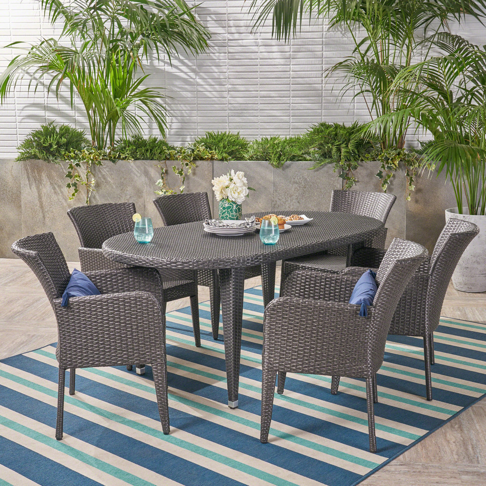 GDF Studio 7 Piece Haywood Outdoor Wicker Dining Set  Gray   Tropical   Outdoor Dining Sets   by GDFStudio  Houzz