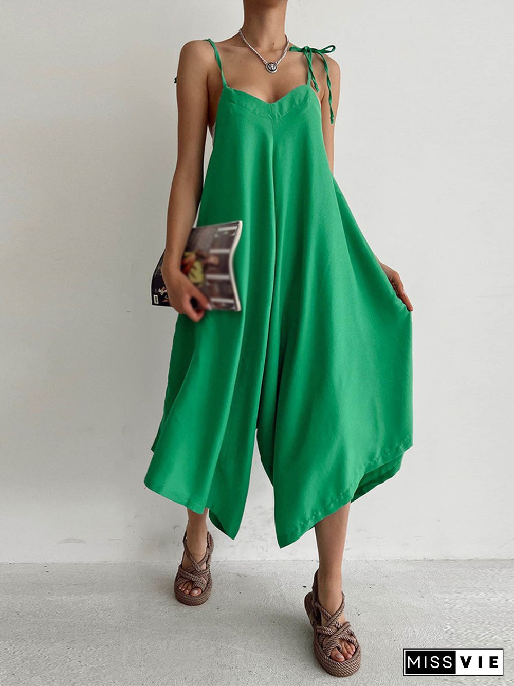 Casual Loose Wide-Leg Pants Rompers Women Sexy Sleeveless Draped Playsuits Summer Solid Color Suspender V-Neck Backless Jumpsuit