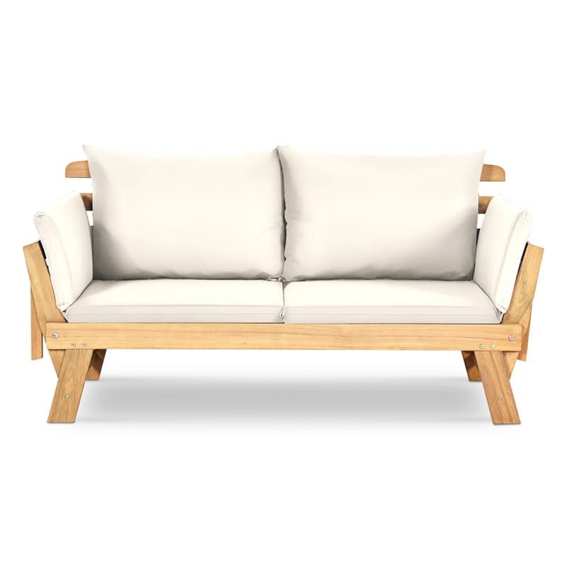 Outdoor Daybed Acacia Wood Convertible Couch Sofa Bed with Adjustable Armrest & Cushion