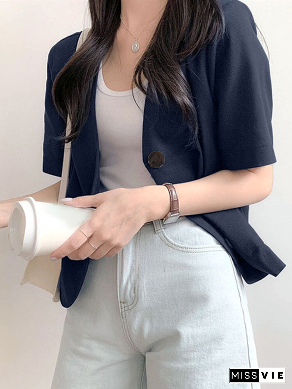 Solid Button Front Pocket Short Sleeve Lapel Blazer