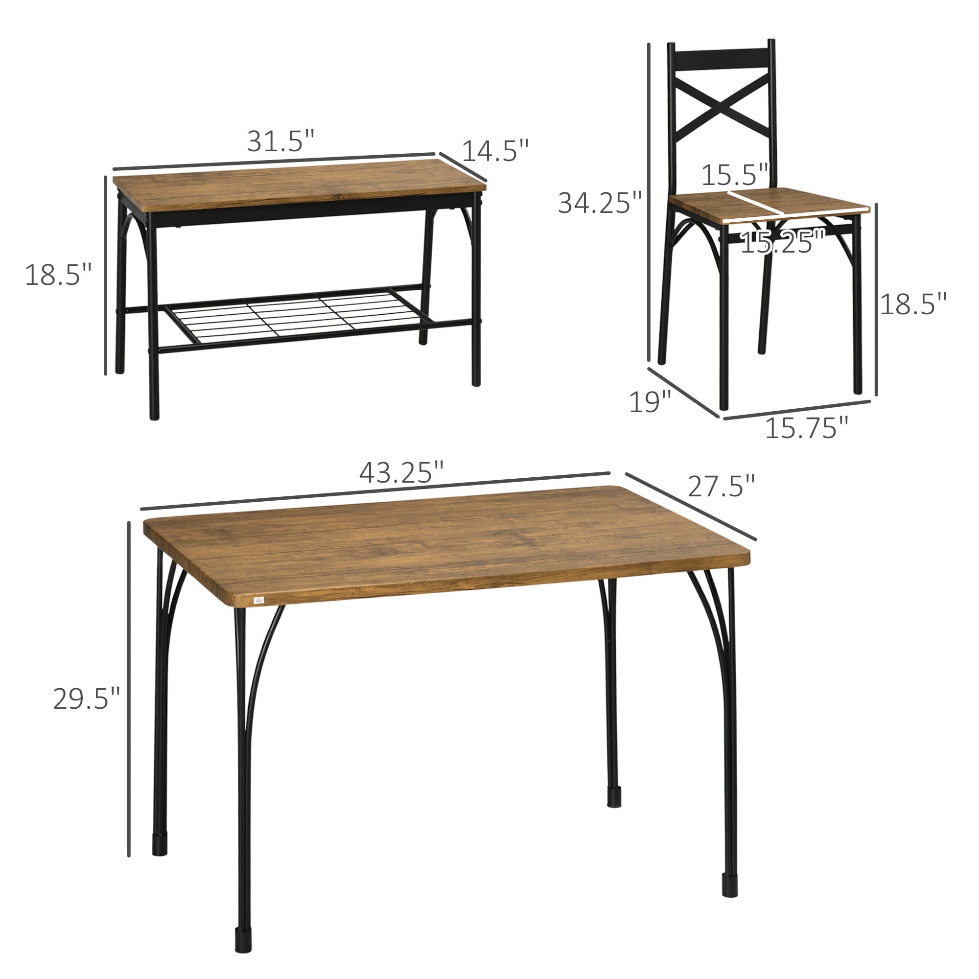 Industrial Dining Table Set for 6 People, 6 Piece Kitchen Table and Chairs Set, Dinner Table with Bench, Steel Frame and Storage Shelf, Dinette Set, Rustic Brown