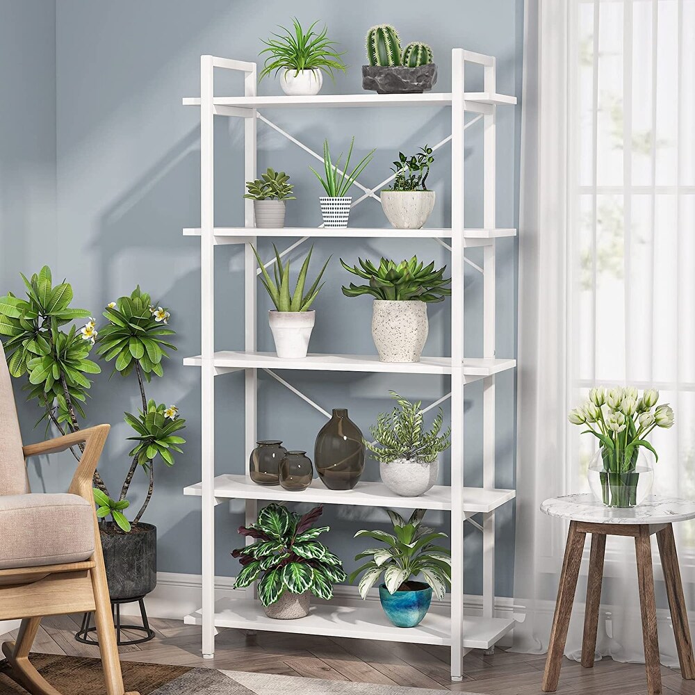 White Bookshelf 5 Tier Bookcase with Metal Frame