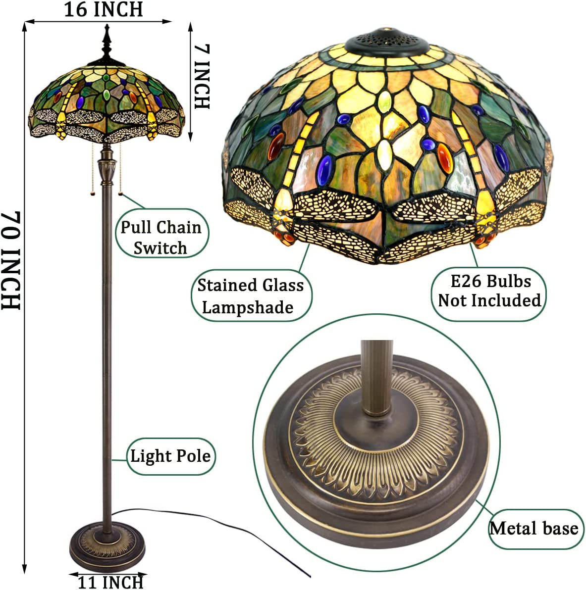 BBNBDMZ Tiffany Floor Lamp Stained Glass Butterfly Style Reading Lamp W16H70 Inch Tall Antique Standing Pole Light Bronze Finsh  Bright Lighting Decor  Corner Living Room Bedroom Office