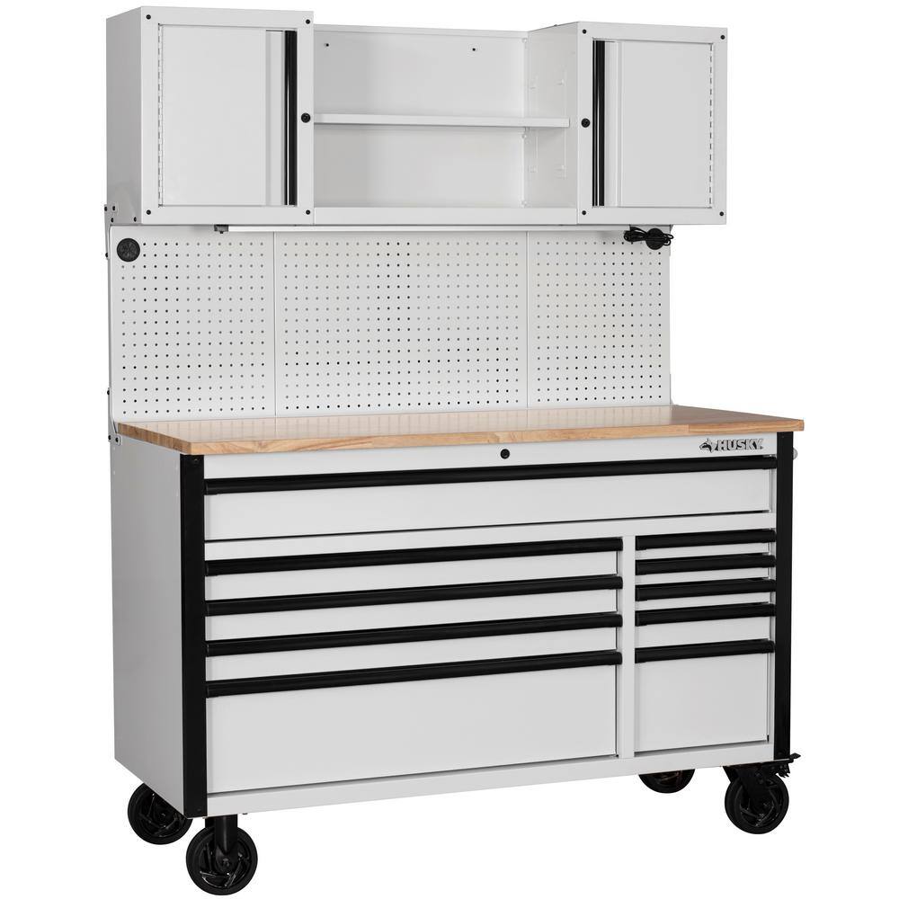 Husky 56 in. W x 27.6 in. D Heavy Duty 10-Drawer Gloss White Mobile Workbench with Pegboard and Top Cabinets H56ULTWSGW