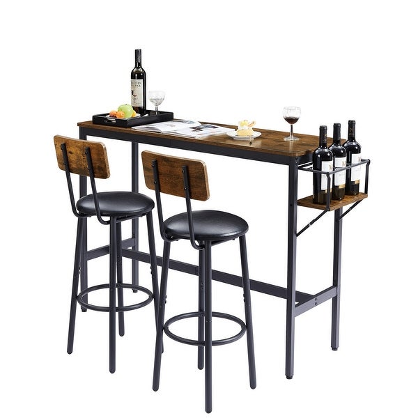 3pcs Industrial Style Bar Table Set with Wine Bottle Storage Rack